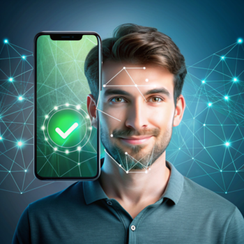 Um homem sorrindo enquanto um smartphone ao lado dele exibe uma marca de verificação verde, indicando o sucesso do reconhecimento facial, com uma rede de linhas conectadas ao fundo representando a tecnologia de segurança digital.